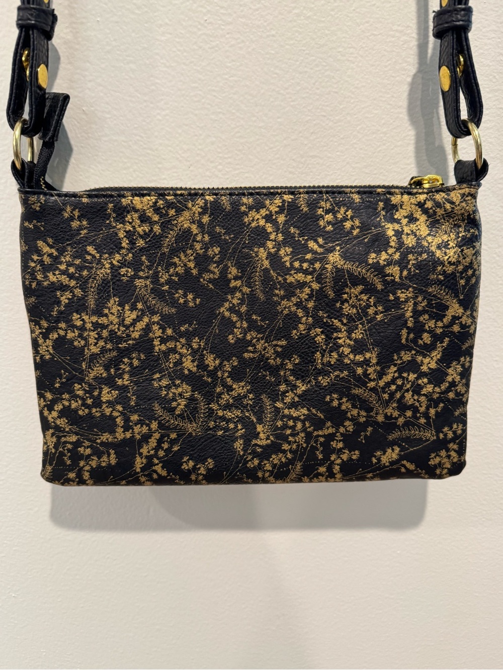 PAPAYA! Art Black Gold Floral Botanical Vegan Leather Crossbody Bag NWOT